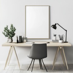 Minimalist workspace with a green plant and a stylish lamp, featuring a clean desk and empty frame on the wall.
