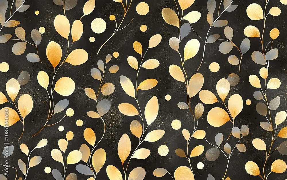 Poster elegant gold and silver botanical pattern on dark background creates luxurious design aesthetic for 