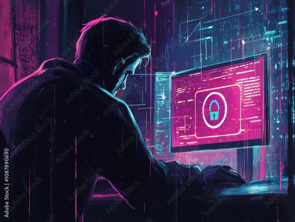 Poster stylish digital art depicting a cybersecurity professional analyzing data on a futuristic computer s