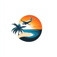 A vibrant illustration of an airplane flying over a tropical beach at sunset, surrounded by palm trees.
