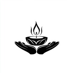 A serene black silhouette of hands cradling a lit oil lamp, symbolizing peace and spirituality.