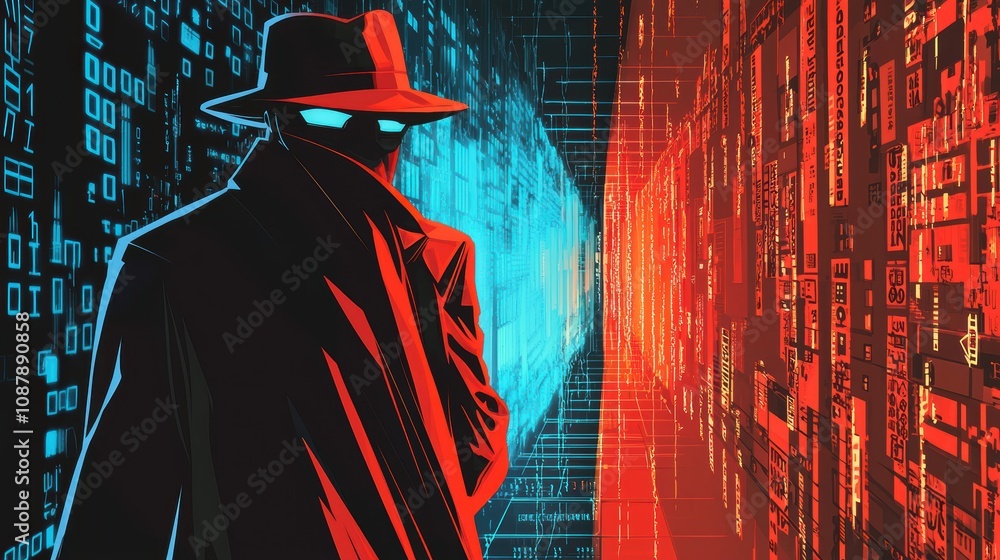 Poster mysterious figure in a fedora stands between digital worlds representing cybersecurity and technolog