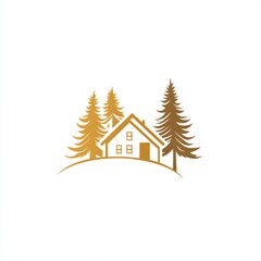 Obraz premium A warm-toned illustration of a cozy cabin surrounded by tall evergreen trees, evoking a peaceful, rustic atmosphere.