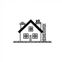Simple black and white illustration of a house with a chimney and ladder, representing home and safety.