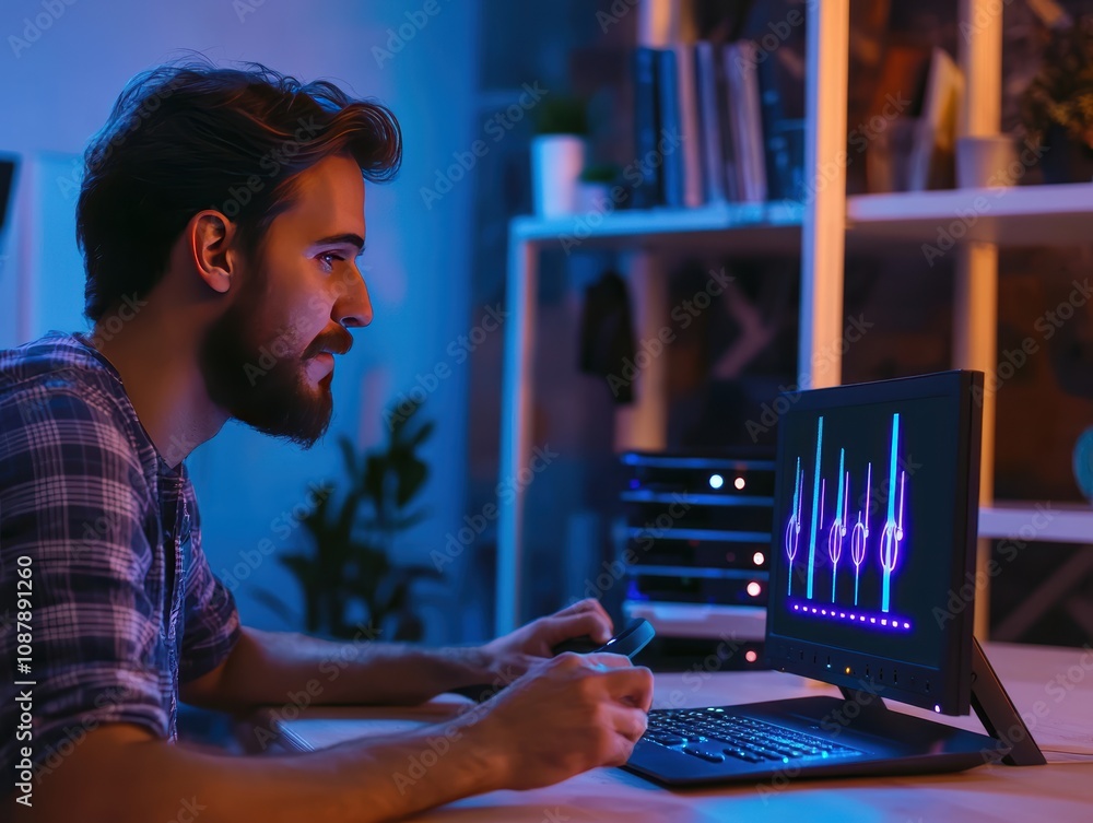 Poster young man working on a computer in a dark room with neon lights, focused on data analysis and digita