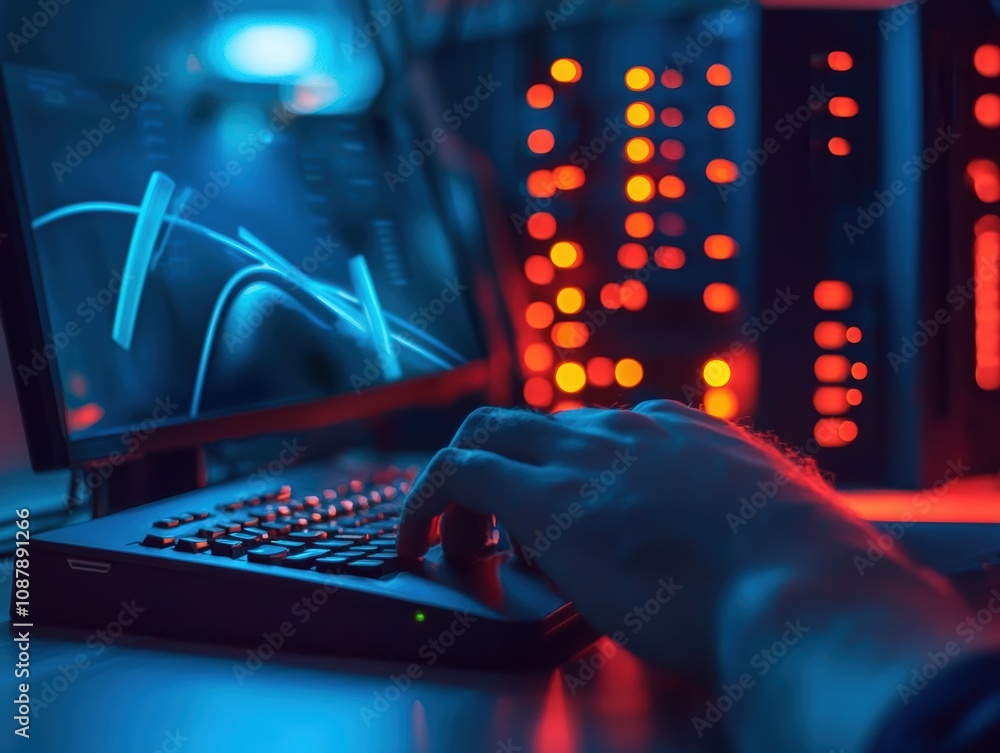 Poster futuristic computer setup with person typing on keyboard in dark room with glowing lights and digita