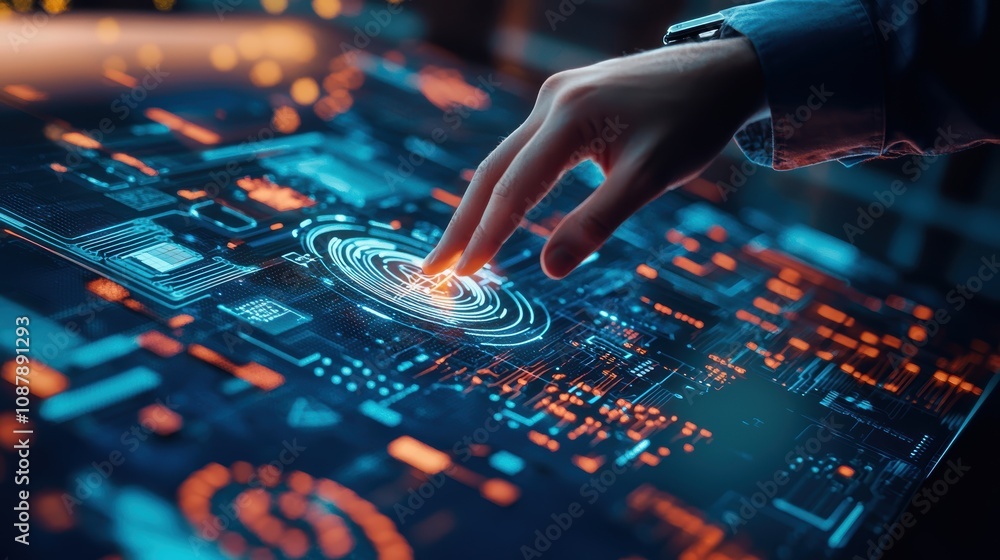 Poster futuristic user interface interaction with touchscreen technology and data visualization concept in 