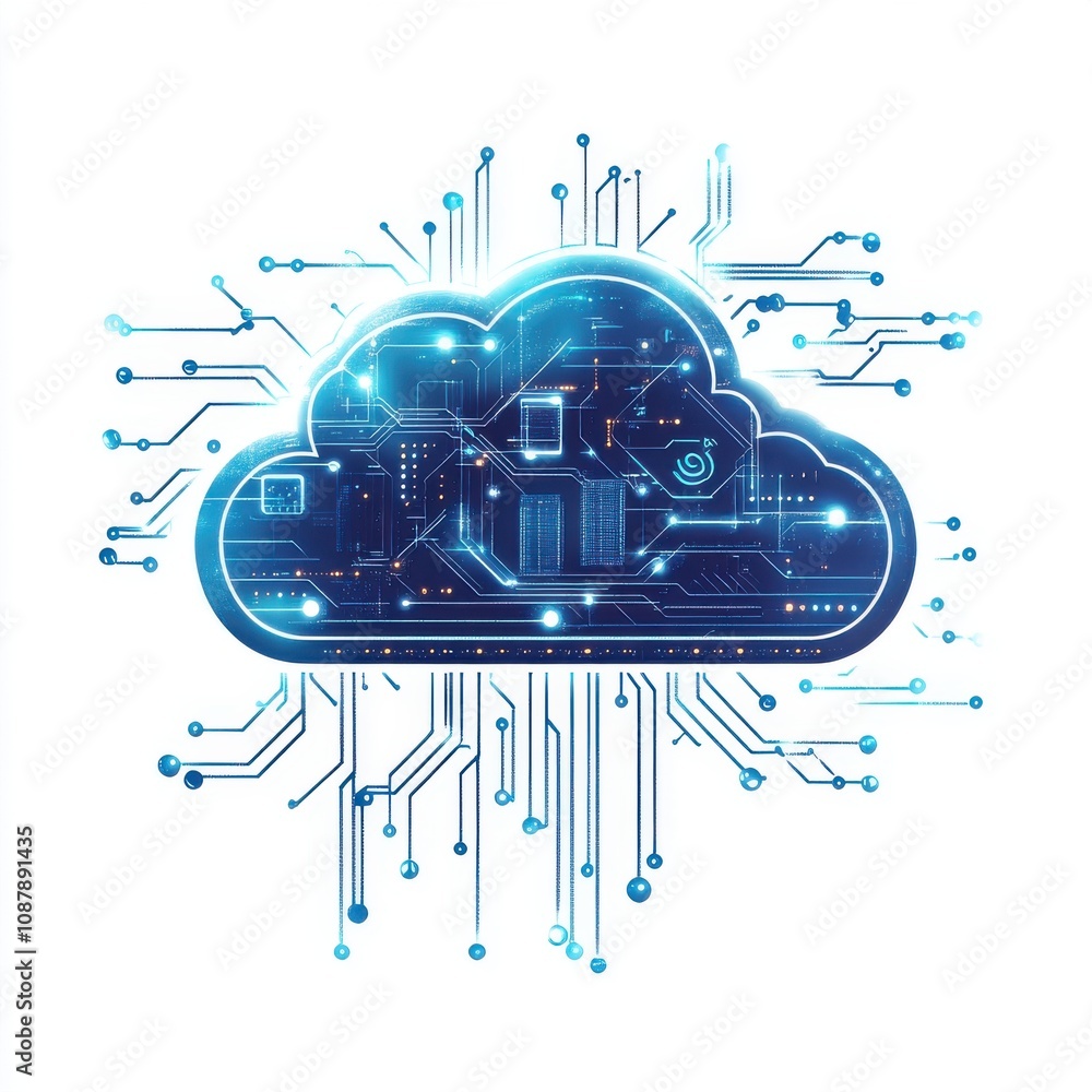 Poster digital cloud technology concept with blue circuitry, symbolizing data storage and connectivity.