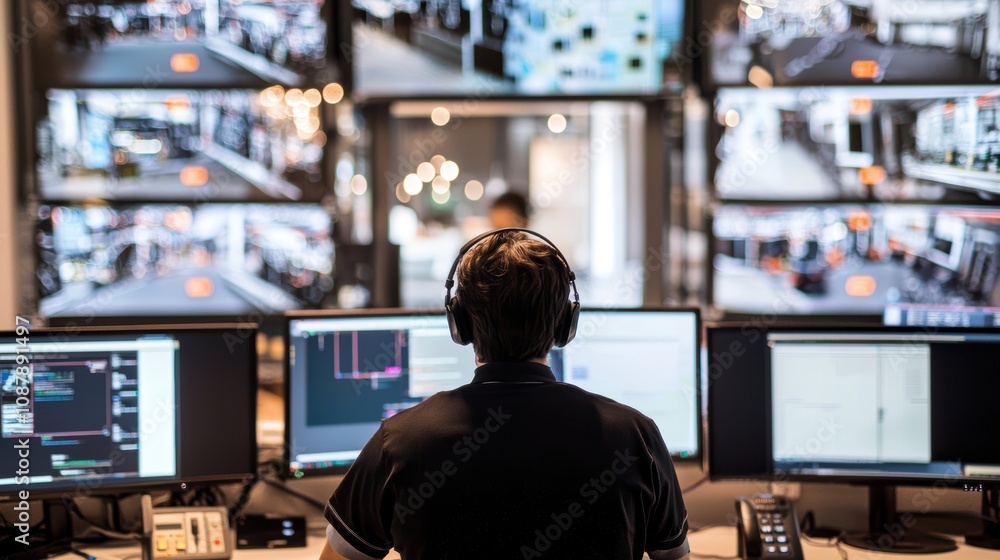 Poster focused operator monitoring multiple screens in a high-tech surveillance center with multiple camera
