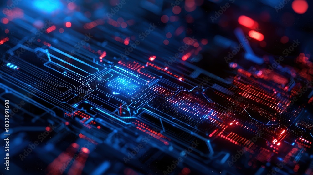 Poster futuristic technology background with abstract circuit board design featuring blue and red lights fo