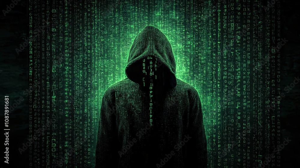 Poster mysterious figure in a hooded cloak surrounded by green binary code representing cybersecurity and d