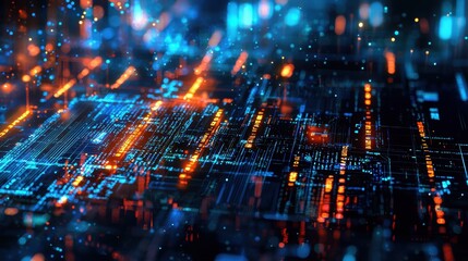 Obraz premium Abstract Digital Technology Background Featuring Glowing Lines and Dots Illustrating Connectivity, Data Flow, and High-Tech Circuitry in Vibrant Colors