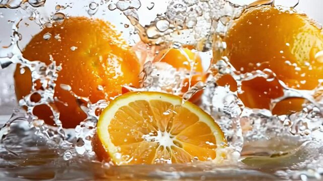 slow motion orange fruits slice splash in water, generative ai