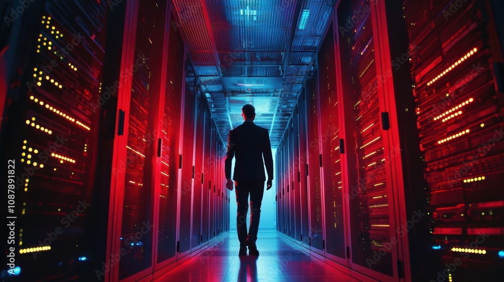 Poster businessman walking through a high-tech data center with colorful server racks illuminated by red an