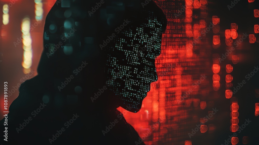 Poster mysterious figure with digital patterns illuminated by red light representing cybersecurity and data