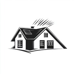 Stylish black and white illustration of a modern house with solar panels, showcasing eco-friendly living.