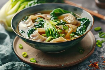 A bowl of Asian-inspired soup served with chopsticks, perfect for a quick and easy meal or as a decorative element