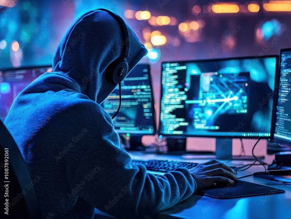 Poster dark environment with focused person in hoodie working on multiple monitors conveys themes of cybers