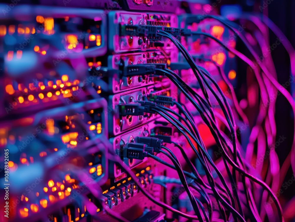 Poster illuminated data center cables with vibrant purple and orange lighting creating a dynamic and high-t