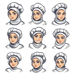 Nine illustrated portraits of chefs, showcasing diverse expressions and styles, featuring both female chefs in hijabs and traditional caps.