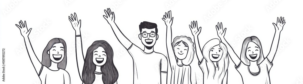 Poster a simple line drawing of people waving and smiling, with a white background and clean, minimalistic 