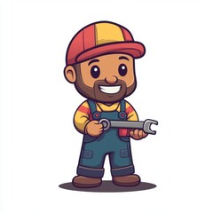 Fototapeta premium Cheerful cartoon mechanic, a young man with a beard, holding a wrench, dressed in colorful overalls and a cap.