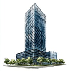 Modern skyscraper with glass facade, surrounded by greenery, showcasing contemporary architecture and urban design.
