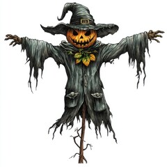 Fototapeta premium A whimsical scarecrow with a carved pumpkin head, wearing a tattered cloak, creating a spooky Halloween vibe.