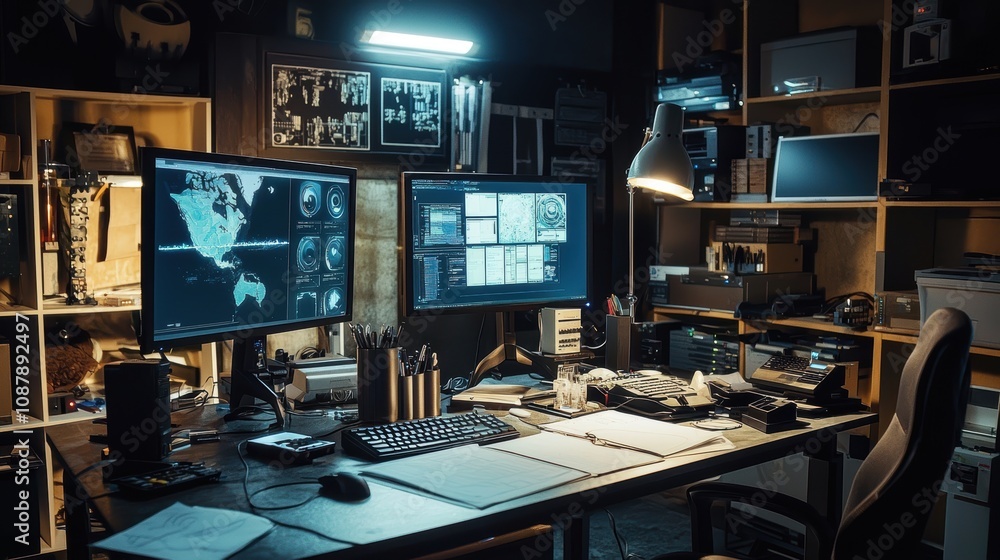 Poster dimly lit technology office with multiple monitors displaying data and maps, complete with office su