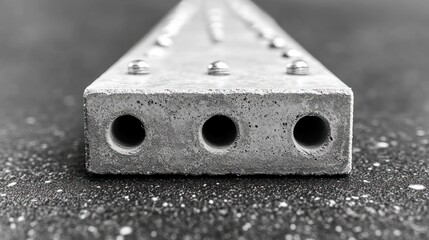 Concrete object with three holes and metallic studs.