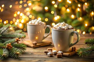Two glasses of hot cacao with cookies at a Christmas market illuminated at night in december