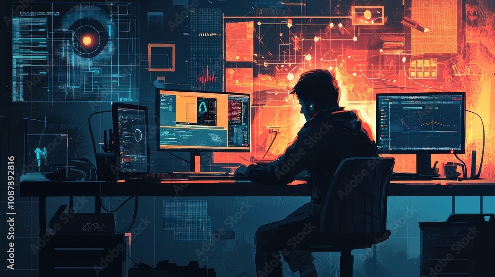 Poster focused gamer engaged in coding and data analysis surrounded by multiple screens and high-tech visua