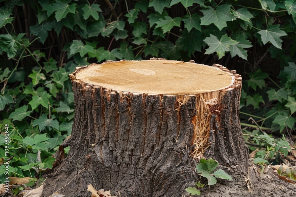Poster a close-up shot of a tree stump surrounded by dense woods, ideal for use in nature-inspired designs 
