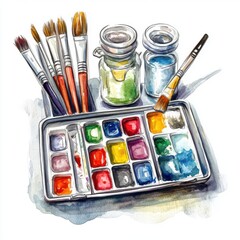 A vibrant watercolor setup featuring brushes, paint jars, and a palette, perfect for artists and creativity lovers.