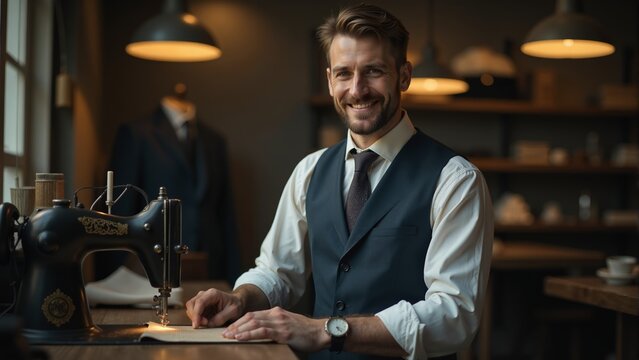 A skilled tailor smiles while crafting elegant suits in a warm and stylish workshop