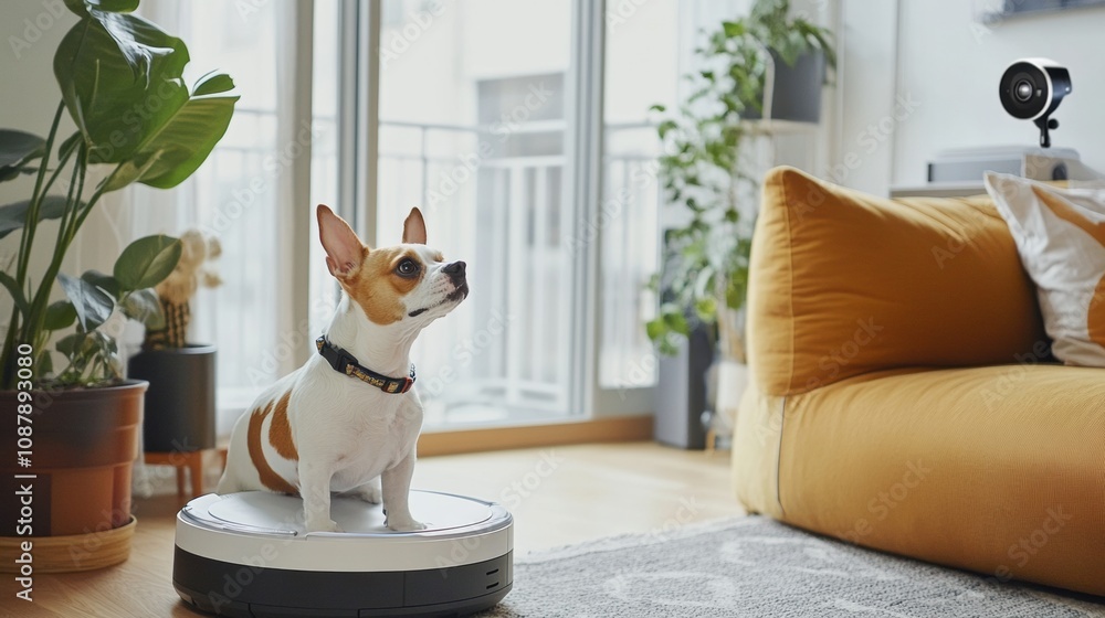 Aufkleber A dog enjoys a relaxing moment in a pet-friendly space featuring a smart feeding station and a comfortable sofa. Generative AI