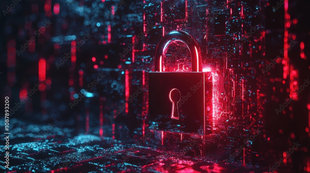 Poster digital lock and keyhole surrounded by glowing neon lights in abstract technology environment with d