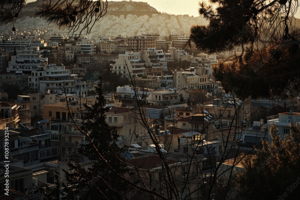 Poster panoramic view of urban landscape from elevated vantage point, suitable for use in travel or archite