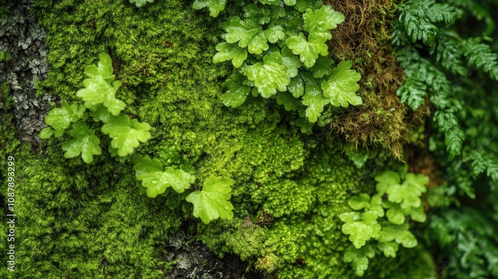 Poster close-up shot of a moss-covered tree trunk, ideal for use in nature-inspired designs and illustratio