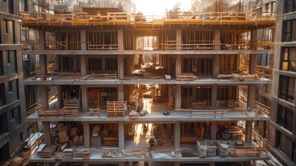 Construction site of an apartment building with unfinished concrete floors and wooden beams.