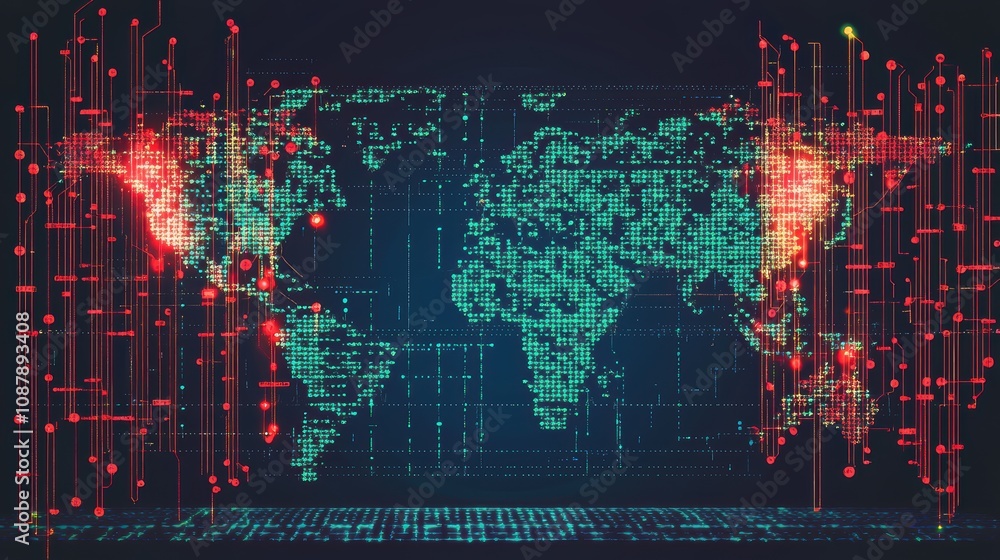 Poster abstract digital world map with technology nodes and data connections representing global connectivi
