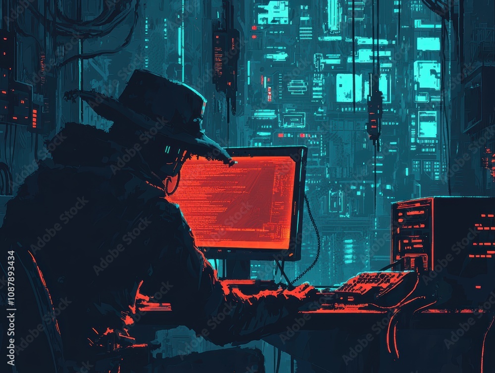 Poster mysterious hacker at work in a futuristic cyber environment, illuminated by glowing screens and comp
