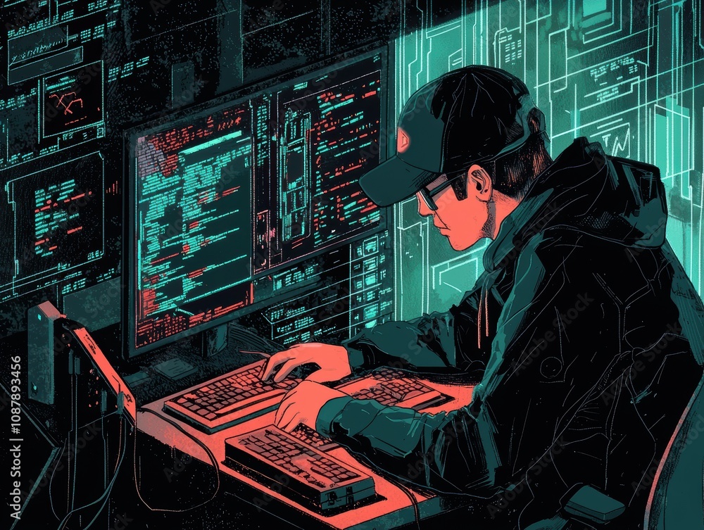 Poster digital hacker in action: an enigmatic figure engrossed in code and data in a futuristic setting wit