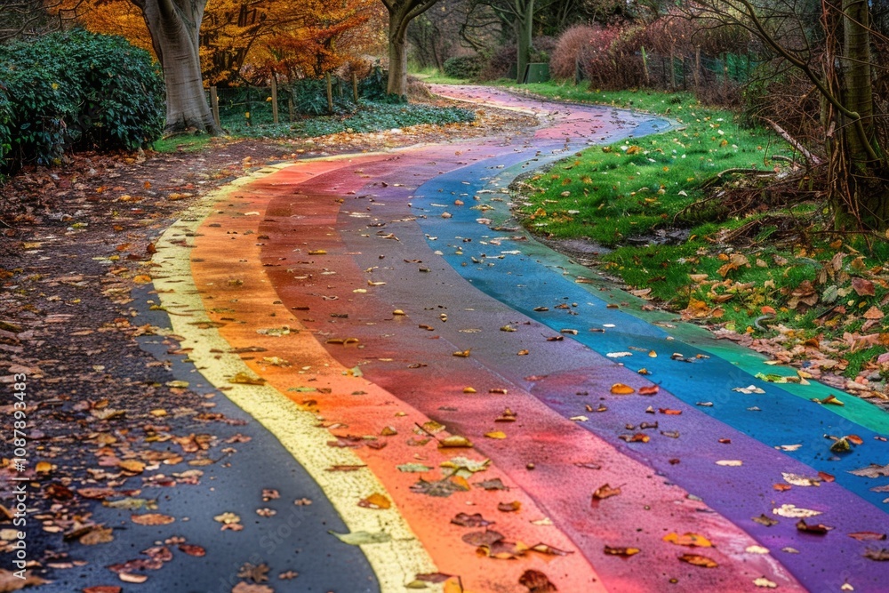 Poster A colorful and vibrant pathway through a green park, perfect for adding a pop of color to your design or project