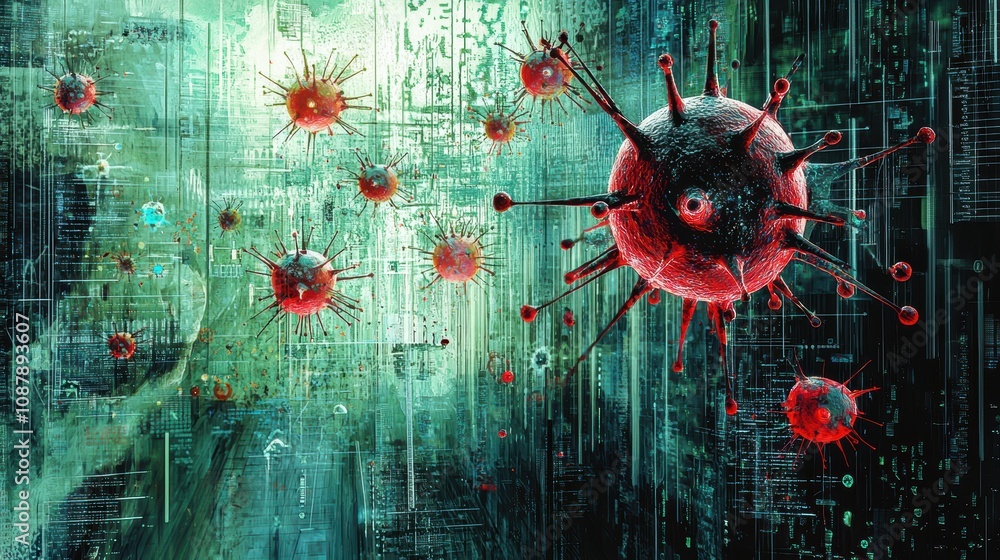 Poster abstract illustration of virus particles in a digital environment with neon green background and red