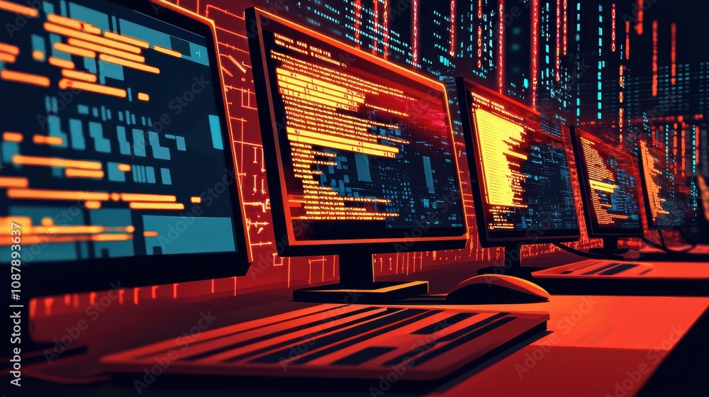 Poster futuristic digital workspace with multiple monitors displaying code in orange and blue, ideal for te