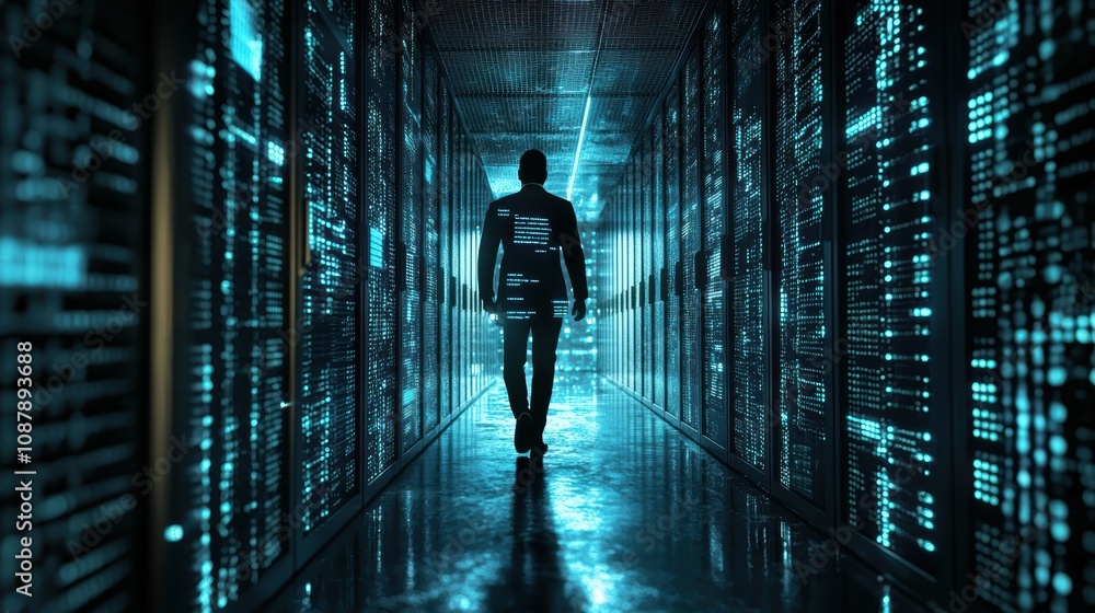 Poster dark silhouette of a person walking through a high-tech data center filled with glowing server racks