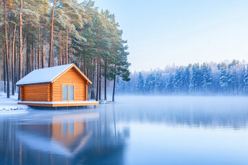 Snowy wooden cabin reflected on a tranquil lake amid frosted pine forests symbolizing serenity, and the beauty of nature during winter. 