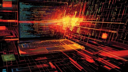 Abstract Digital Background of a Computer Screen with Colorful Coding and Data Flow Representing Technology, Innovation, and Cybersecurity Concepts