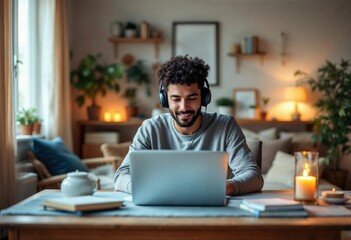 Young man working from home using laptop and headphones smiling at night